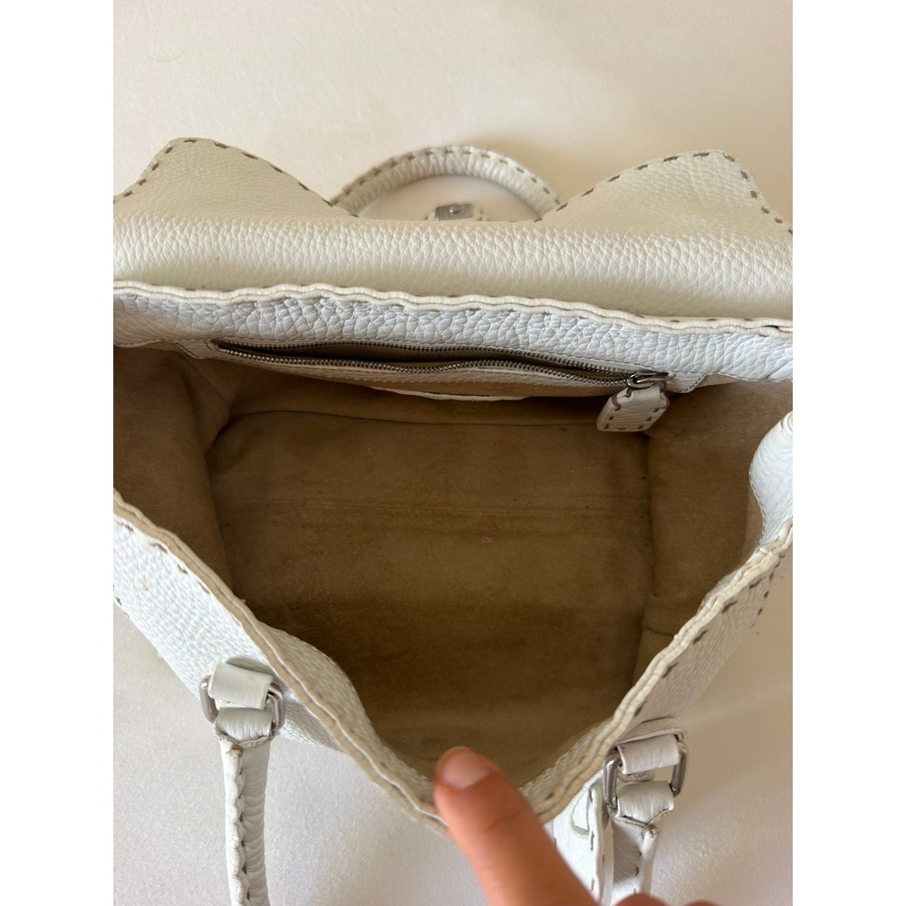 Fendi Selleria White Pebbled Leather Mini Handbag Sterling Silver Plaque Handbag - Picture 5 of 10